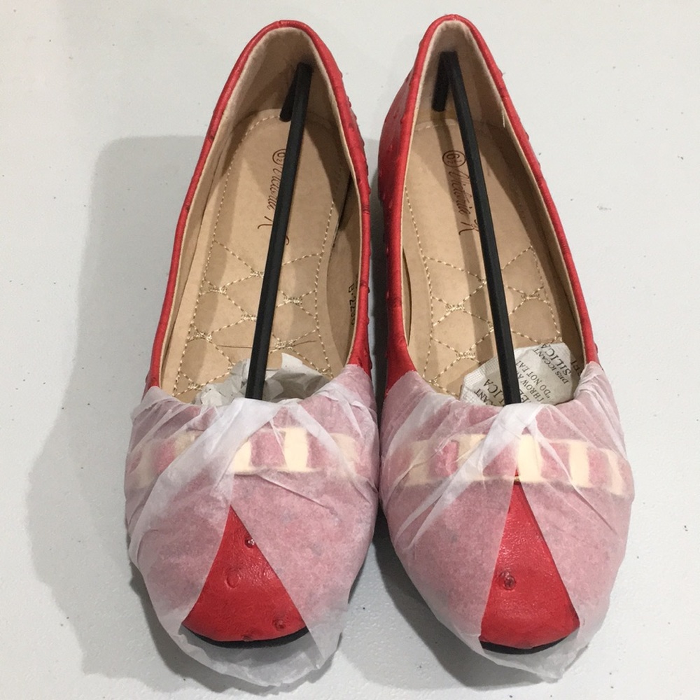 Red faux ostrich ballet flats by Victoria K, S 6.5